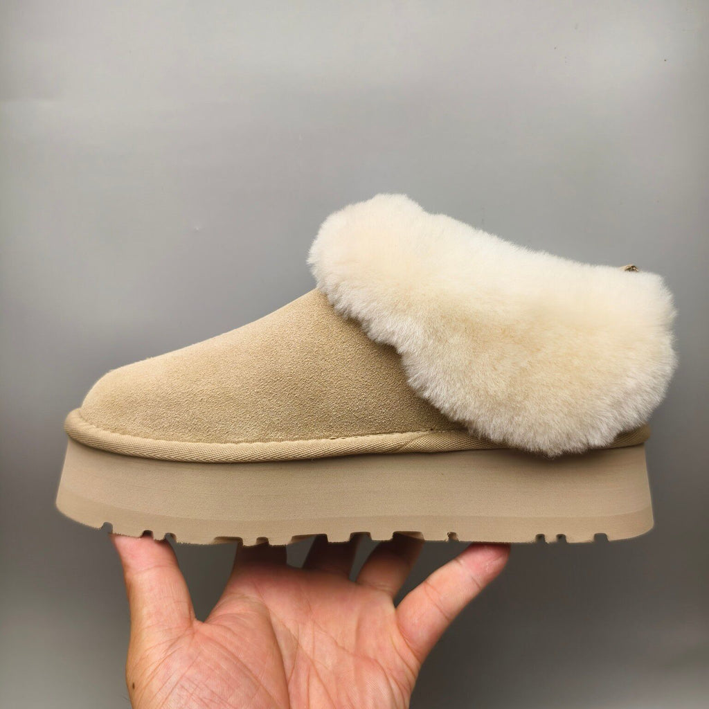 1393 Thick-Sole Fluffy Slip-On Lazy Shoes — Sand (In Stock)