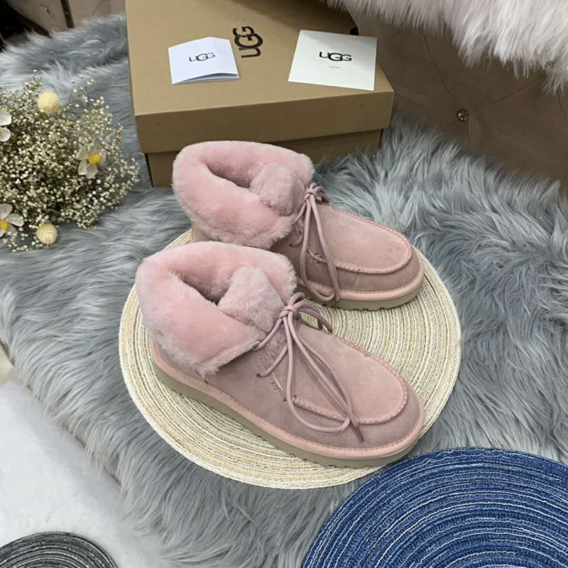 3090 Fur Trim Lace-Up Ankle Boots — Pink (In Stock)