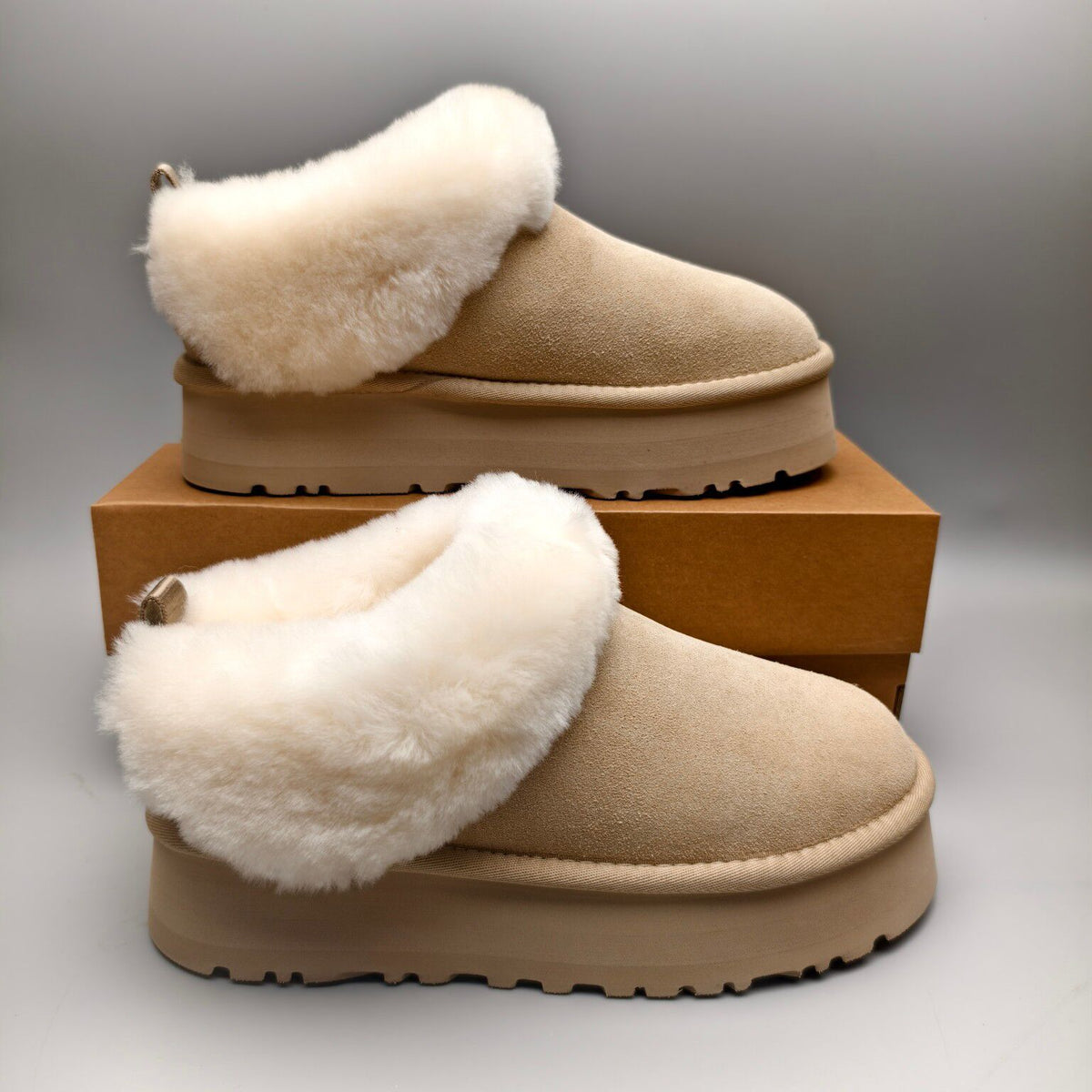 1393 Thick-Sole Fluffy Slip-On Lazy Shoes — Sand (In Stock)