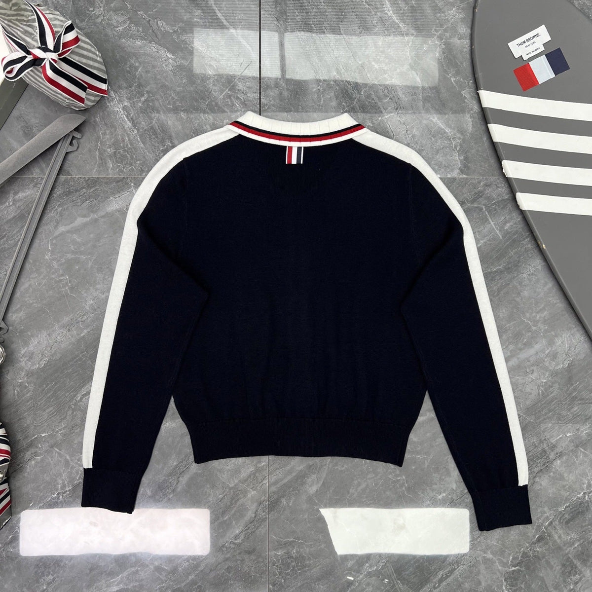 Thom Browne Style Contrast-Stripe Zip-Up Knit Jacket