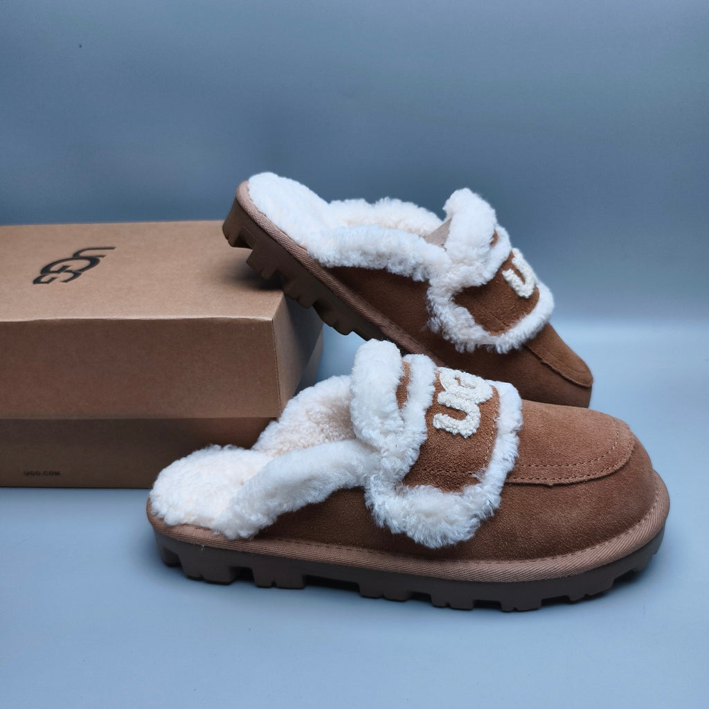 1206 Curly Fur Big Logo Casual Slippers — Chestnut (In Stock)