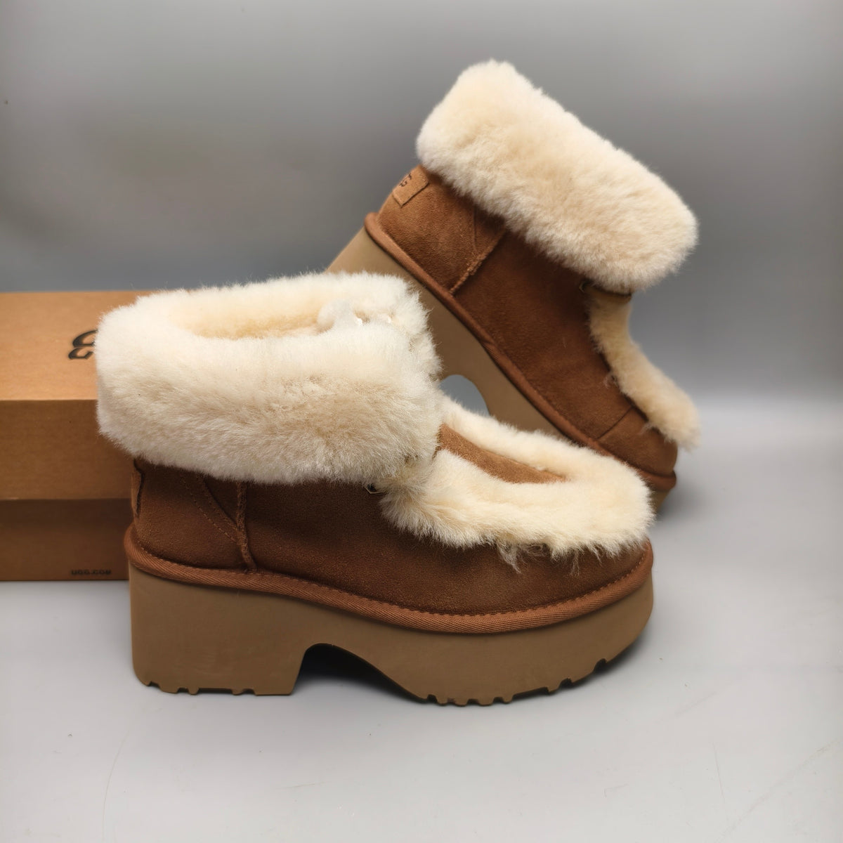 1532 Esmi Wedge Ankle Boots Fluffy Lace-Up — Chestnut (In Stock)