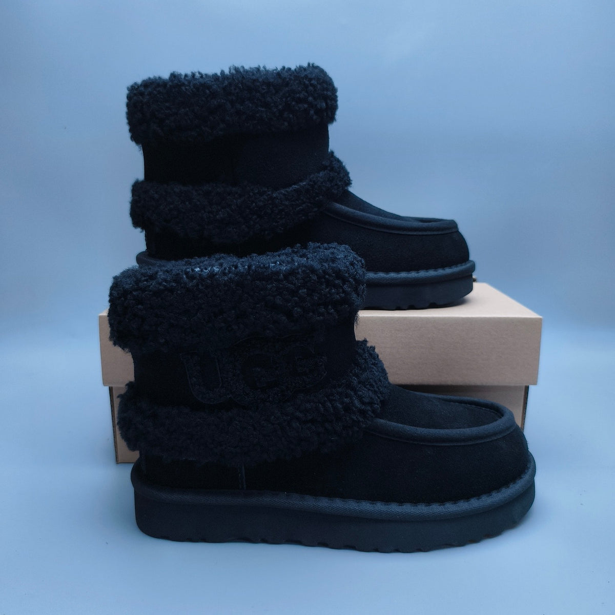 5410 Curly Fur Big Logo Mid-Top Trendy Boots — Black (In Stock)