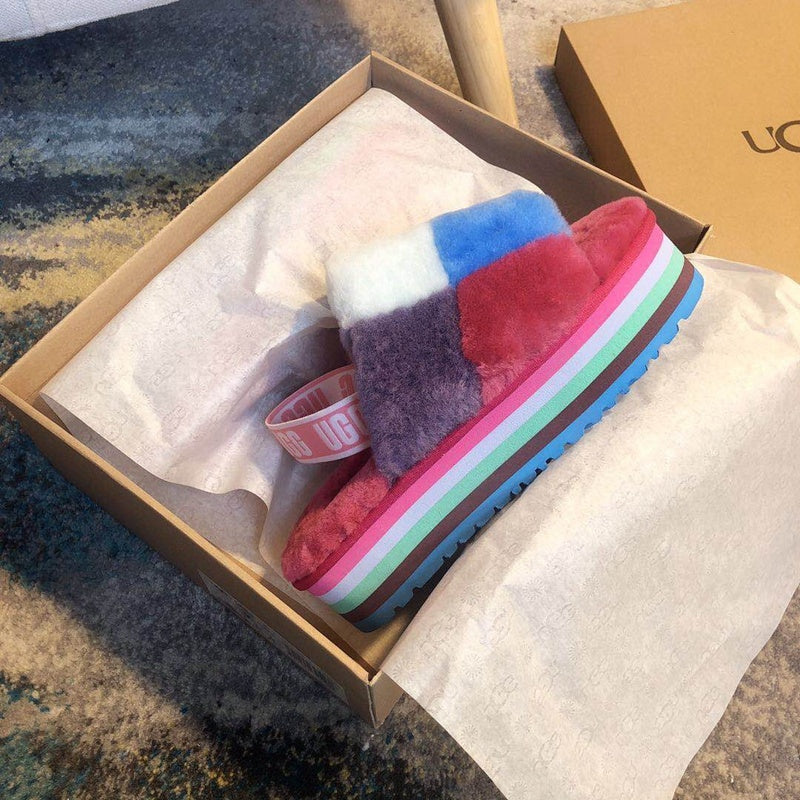 3490 Platform Fluffy Sandals — Rose Red Colorblock (In Stock)
