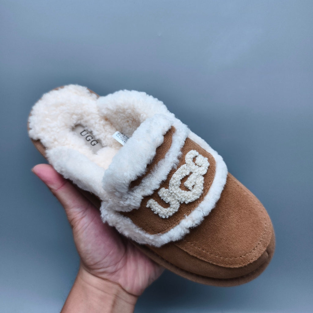 1206 Curly Fur Big Logo Casual Slippers — Chestnut (In Stock)