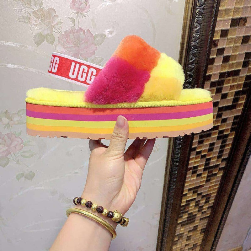 3490 Platform Fluffy Sandals — Yellow Colorblock (In Stock)
