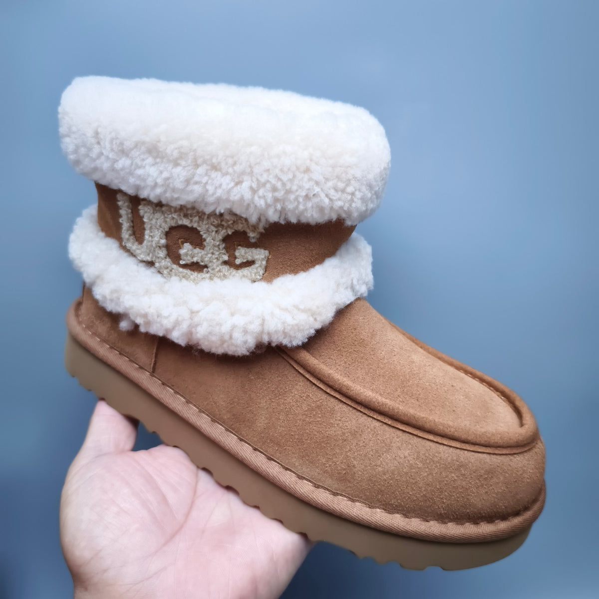 5410 Curly Fur Big Logo Mid-Top Trendy Boots — Chestnut (In Stock)