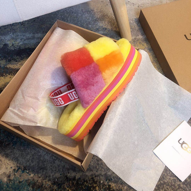 3490 Platform Fluffy Sandals — Yellow Colorblock (In Stock)