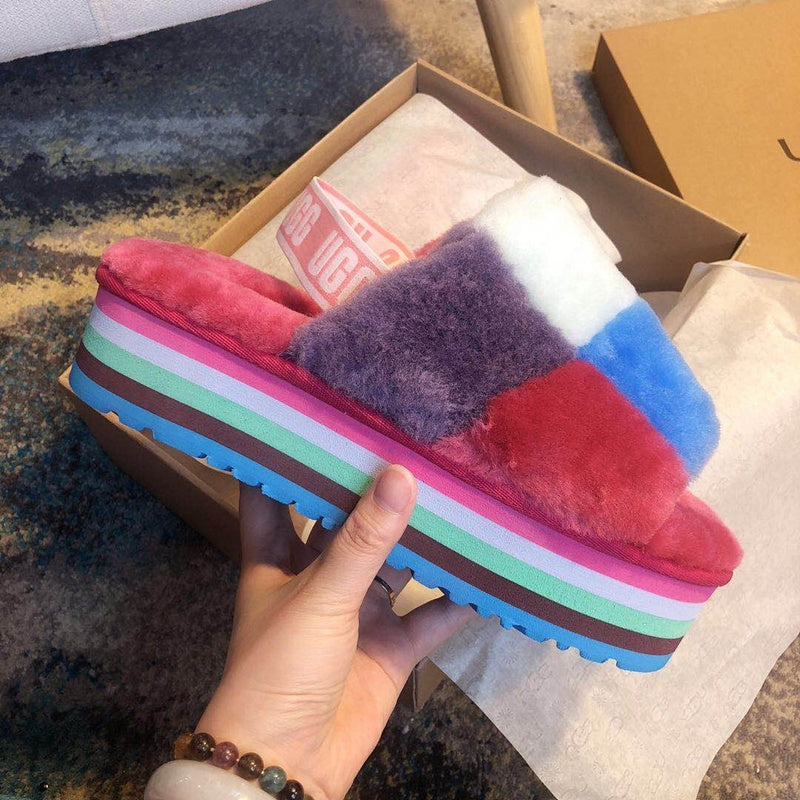 3490 Platform Fluffy Sandals — Rose Red Colorblock (In Stock)