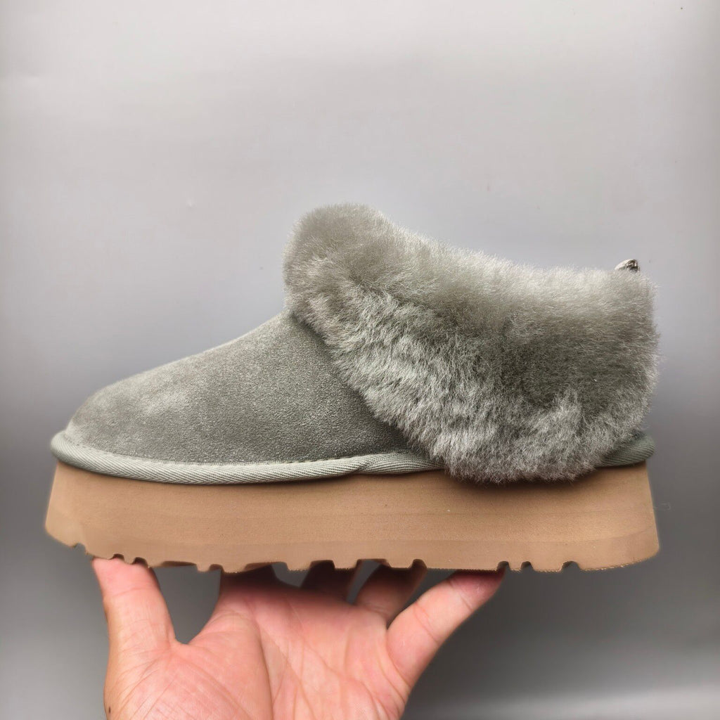 1393 Thick-Sole Fluffy Slip-On Lazy Shoes — Green (In Stock)