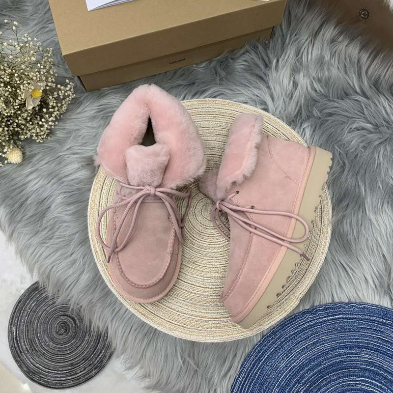 3090 Fur Trim Lace-Up Ankle Boots — Pink (In Stock)