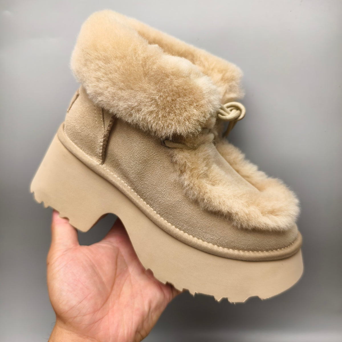 1532 Esmi Wedge Ankle Boots Fluffy Lace-Up — Mustard (In Stock)
