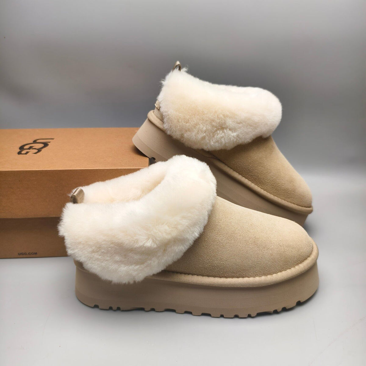 1393 Thick-Sole Fluffy Slip-On Lazy Shoes — Sand (In Stock)