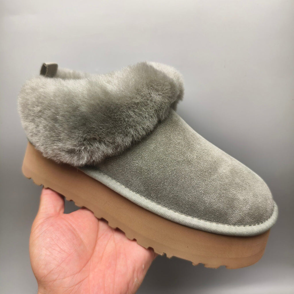 1393 Thick-Sole Fluffy Slip-On Lazy Shoes — Green (In Stock)