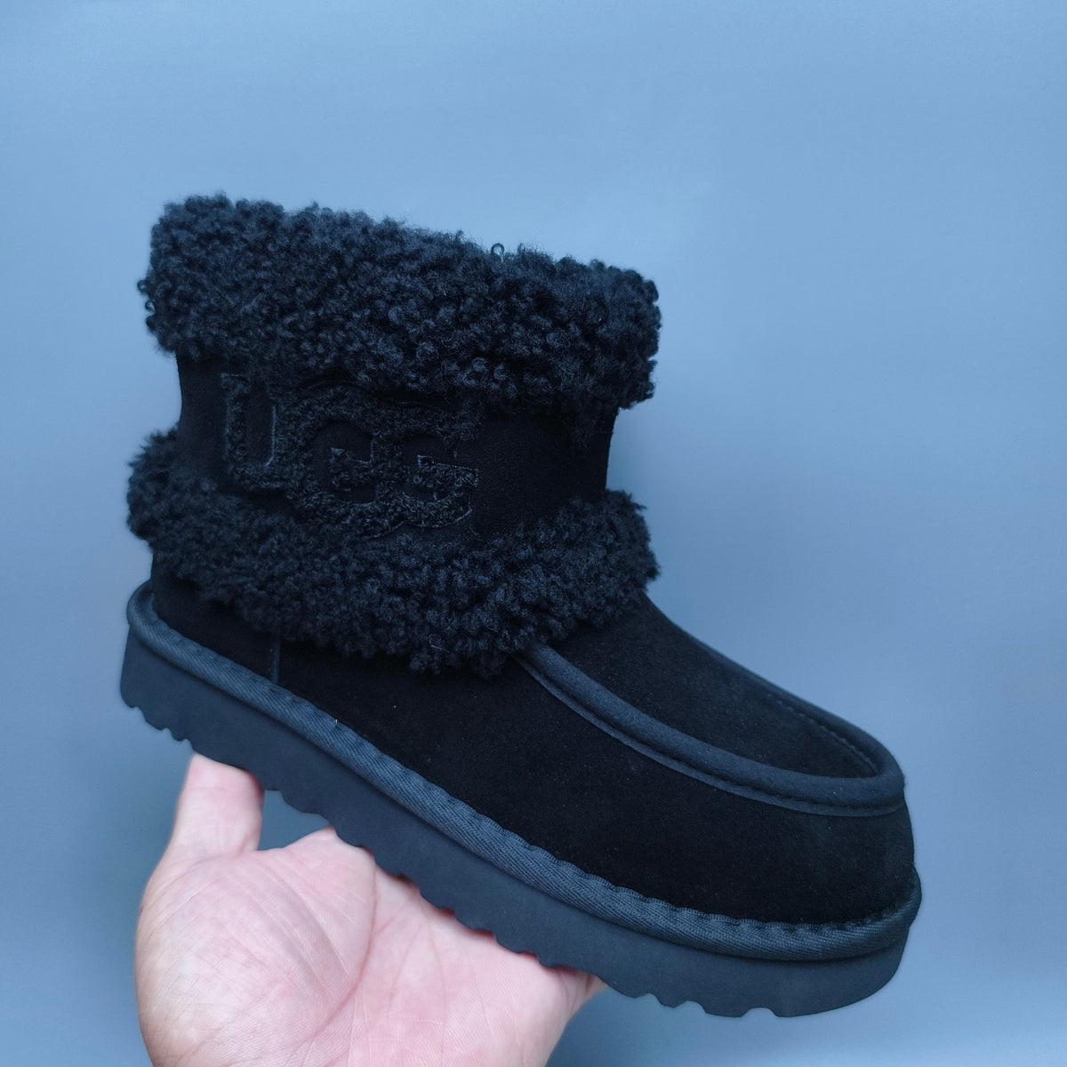 5410 Curly Fur Big Logo Mid-Top Trendy Boots — Black (In Stock)