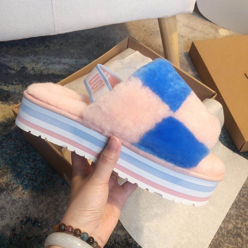 3490 Platform Fluffy Sandals — Pink Colorblock (In Stock)