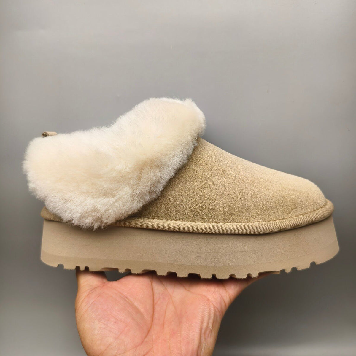 1393 Thick-Sole Fluffy Slip-On Lazy Shoes — Sand (In Stock)