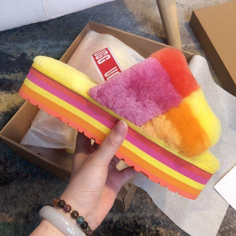 3490 Platform Fluffy Sandals — Yellow Colorblock (In Stock)
