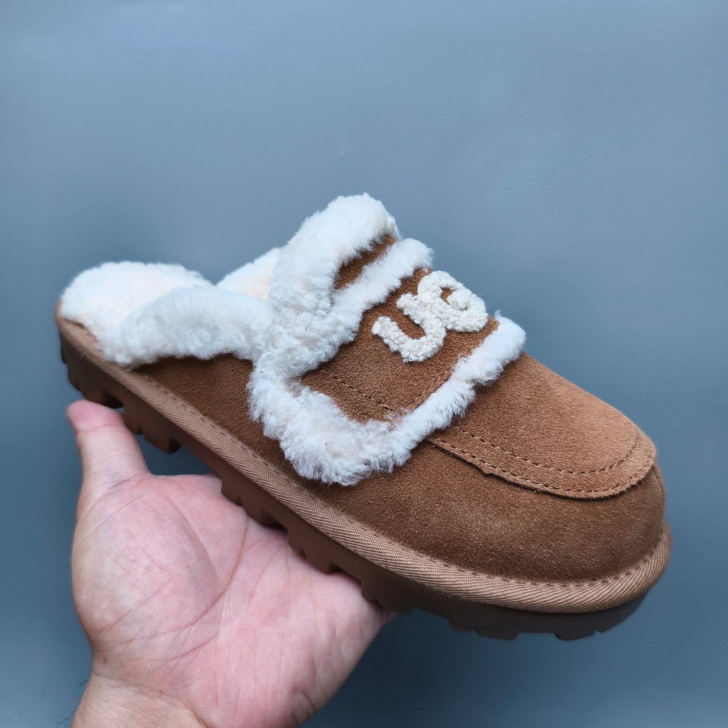 1206 Curly Fur Big Logo Casual Slippers — Chestnut (In Stock)