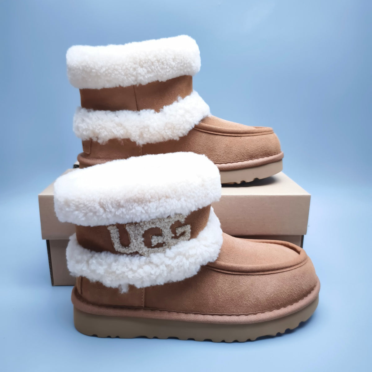 5410 Curly Fur Big Logo Mid-Top Trendy Boots — Chestnut (In Stock)