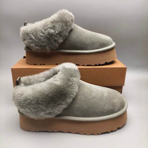 1393 Thick-Sole Fluffy Slip-On Lazy Shoes — Green (In Stock)