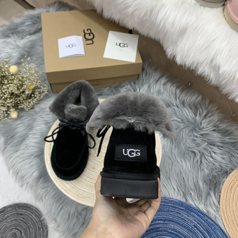 3090 Fur Trim Lace-Up Ankle Boots — Black (In Stock)