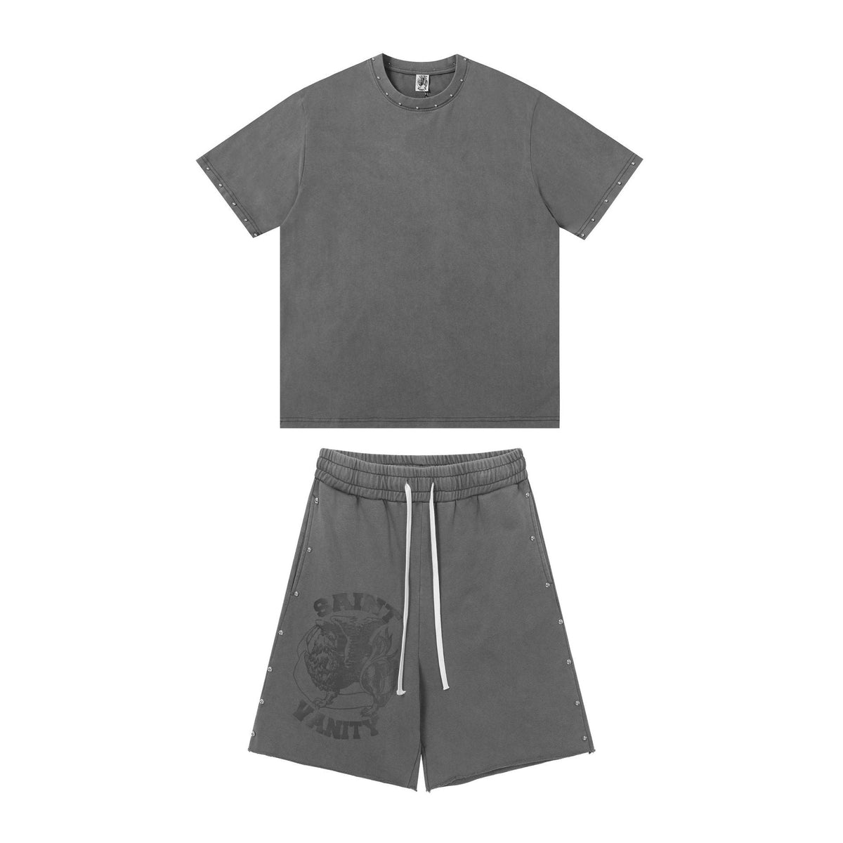 Saint Vanity Washed Rivet Oversized Tee & Shorts Set Streetwear