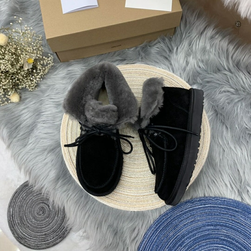 3090 Fur Trim Lace-Up Ankle Boots — Black (In Stock)