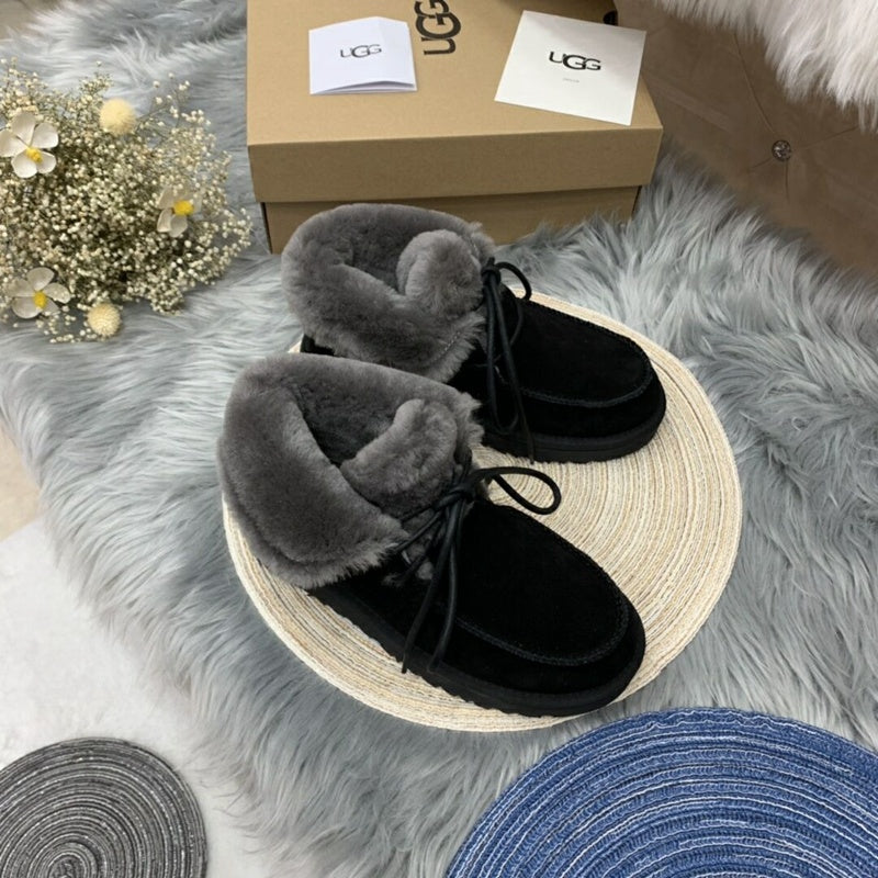 3090 Fur Trim Lace-Up Ankle Boots — Black (In Stock)