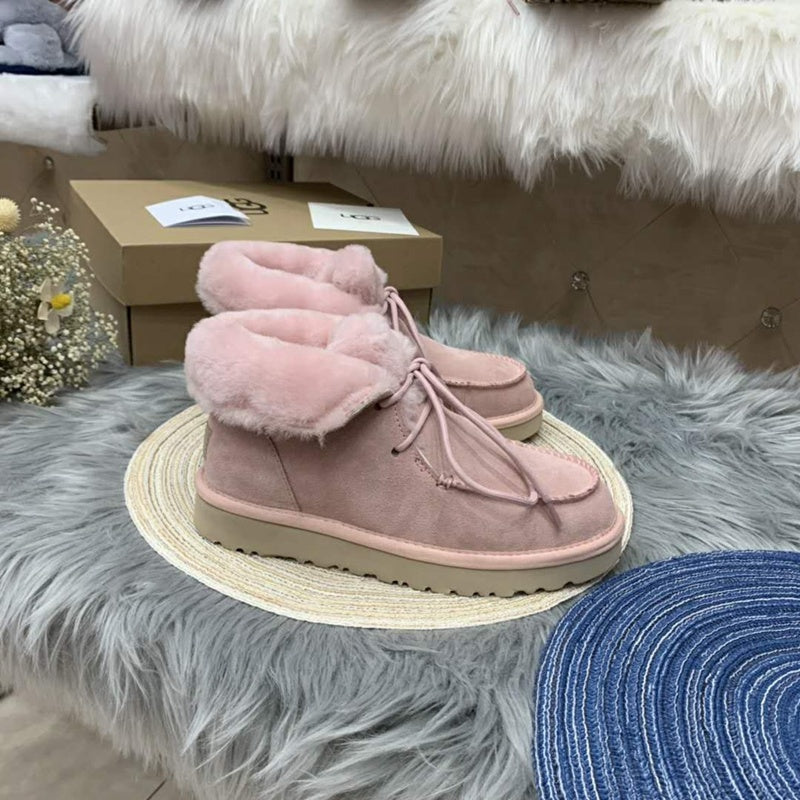 3090 Fur Trim Lace-Up Ankle Boots — Pink (In Stock)