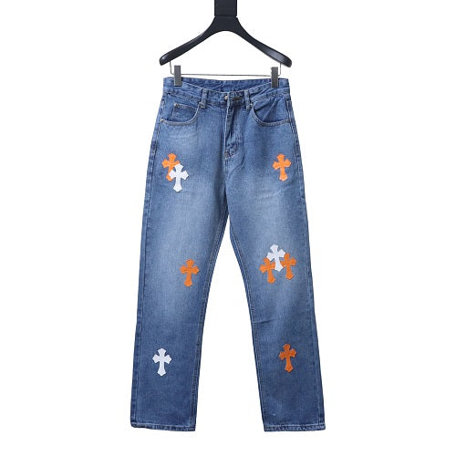 Chrome Hearts Orange Cross White Leather Jeans