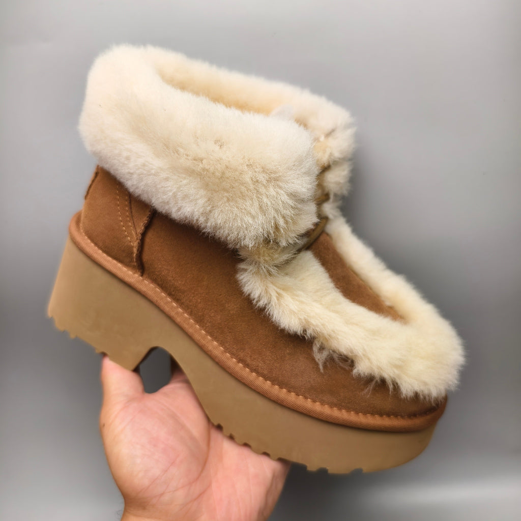 1532 Esmi Wedge Ankle Boots Fluffy Lace-Up — Chestnut (In Stock)