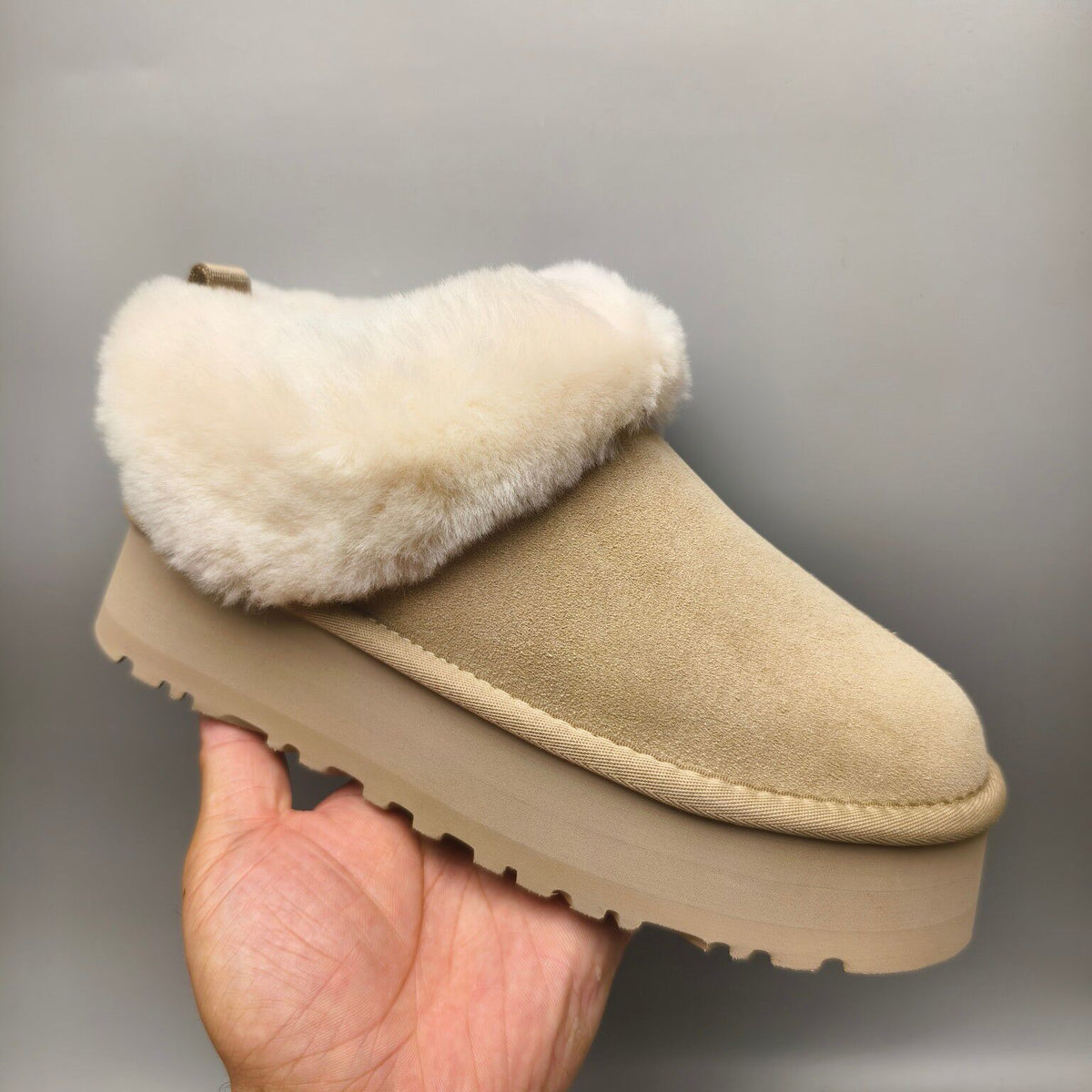 1393 Thick-Sole Fluffy Slip-On Lazy Shoes — Sand (In Stock)