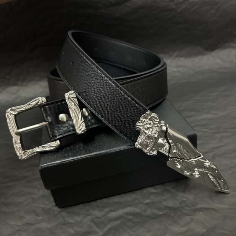 Western Broken Sword Engraved Metal Tip Genuine Leather Unisex Belt