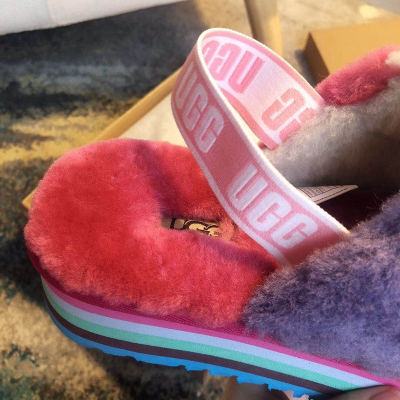 3490 Platform Fluffy Sandals — Rose Red Colorblock (In Stock)