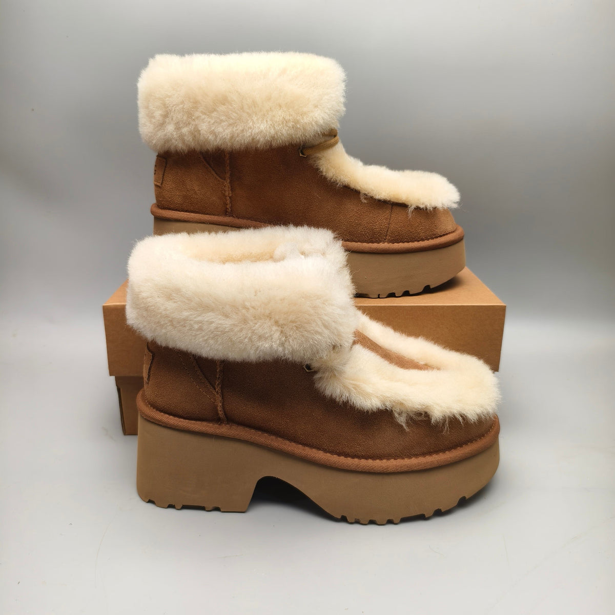 1532 Esmi Wedge Ankle Boots Fluffy Lace-Up — Chestnut (In Stock)