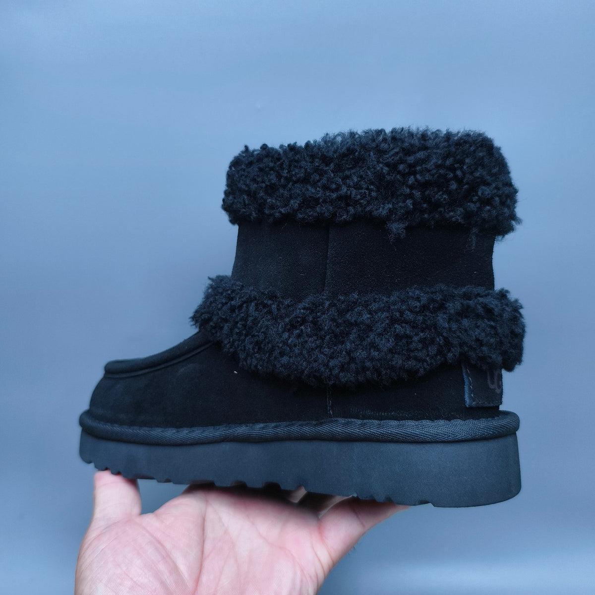 5410 Curly Fur Big Logo Mid-Top Trendy Boots — Black (In Stock)