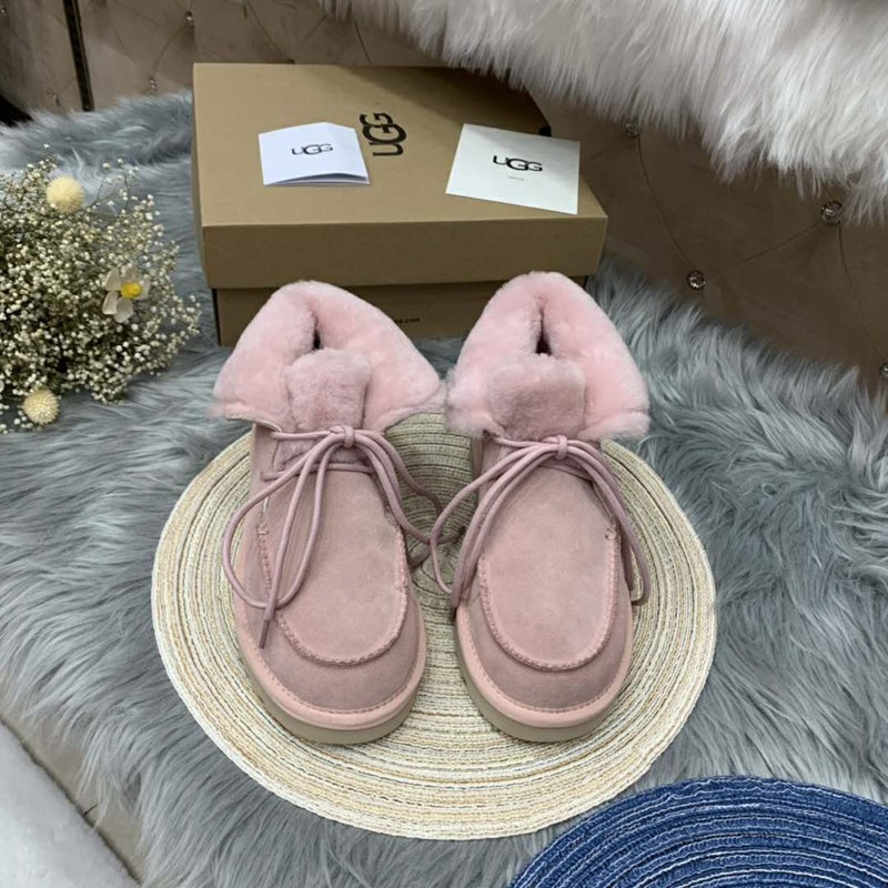 3090 Fur Trim Lace-Up Ankle Boots — Pink (In Stock)
