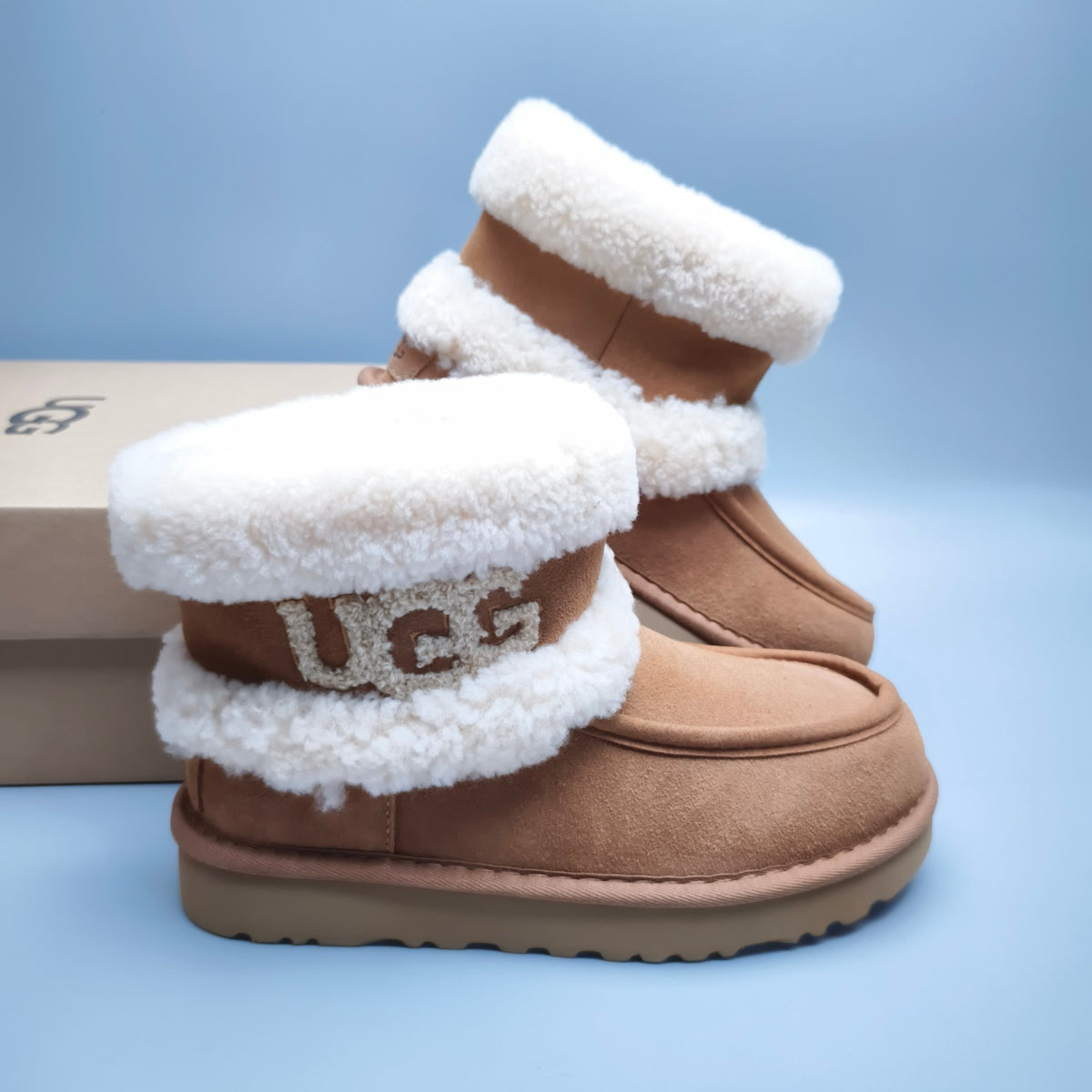 5410 Curly Fur Big Logo Mid-Top Trendy Boots — Chestnut (In Stock)