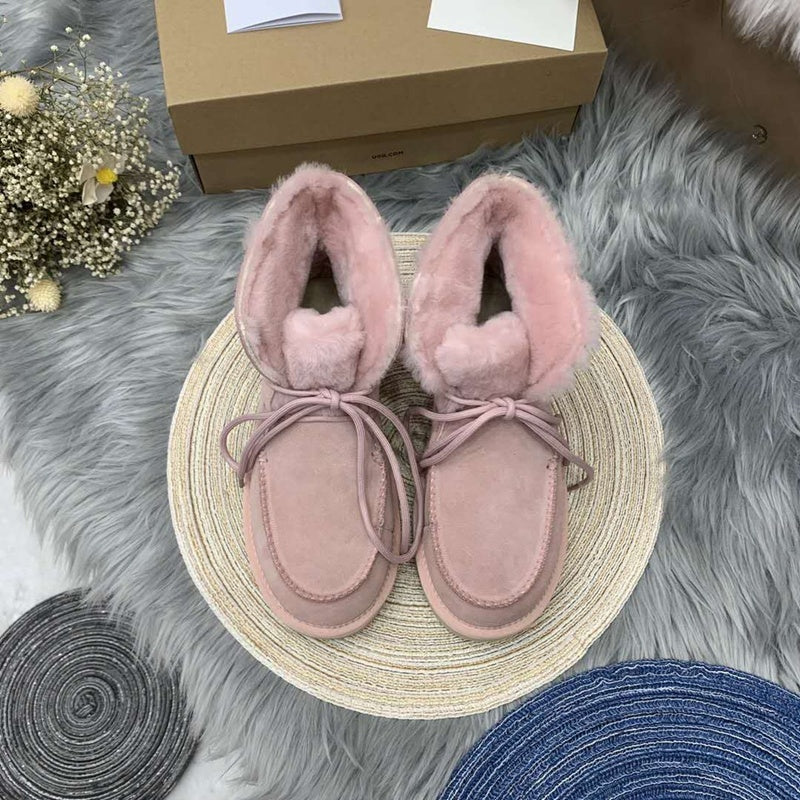 3090 Fur Trim Lace-Up Ankle Boots — Pink (In Stock)