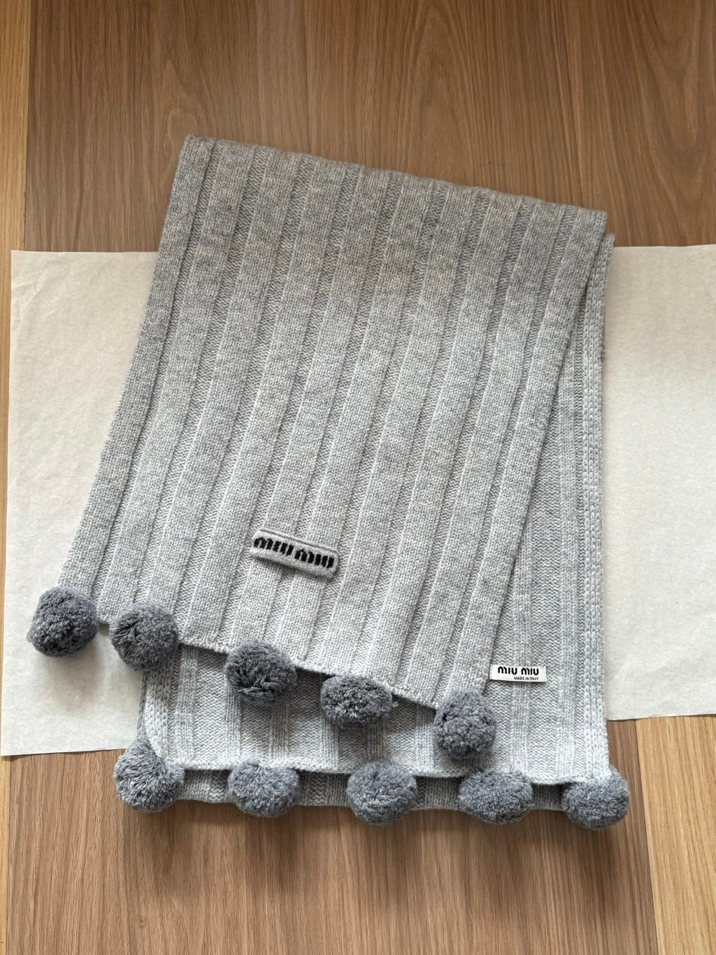 Miu Miu Style Pom-Pom Rib-Knit Scarf