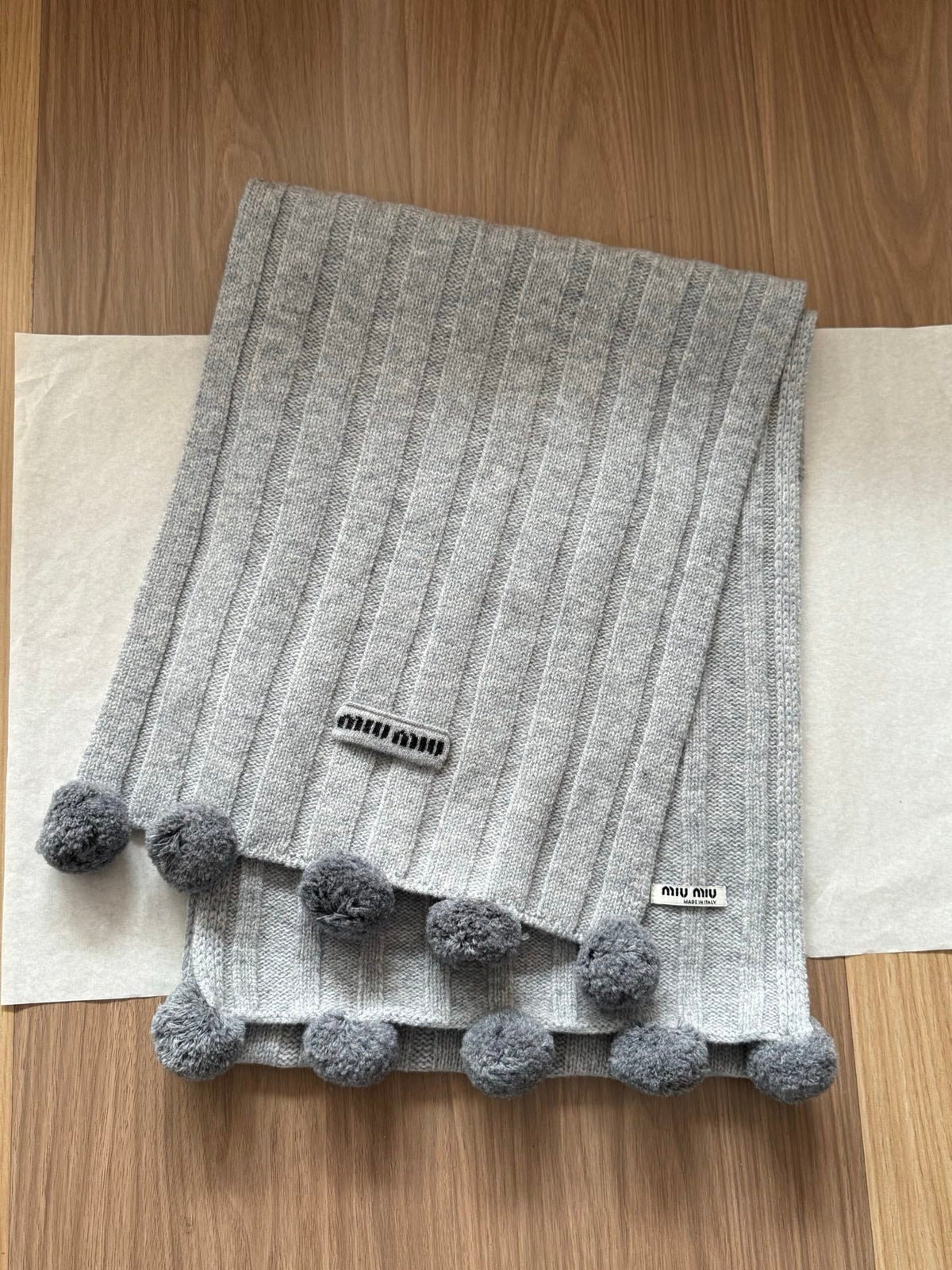 Miu Miu Style Pom-Pom Rib-Knit Scarf