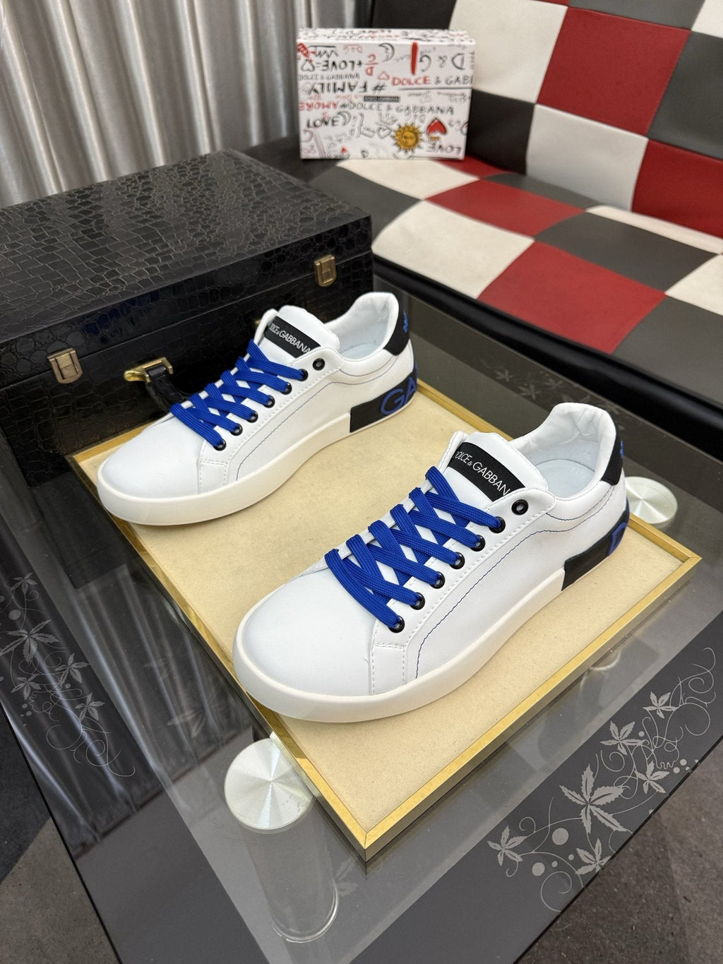 Dolce & Gabbana White Low-Top Sneakers with Blue Laces