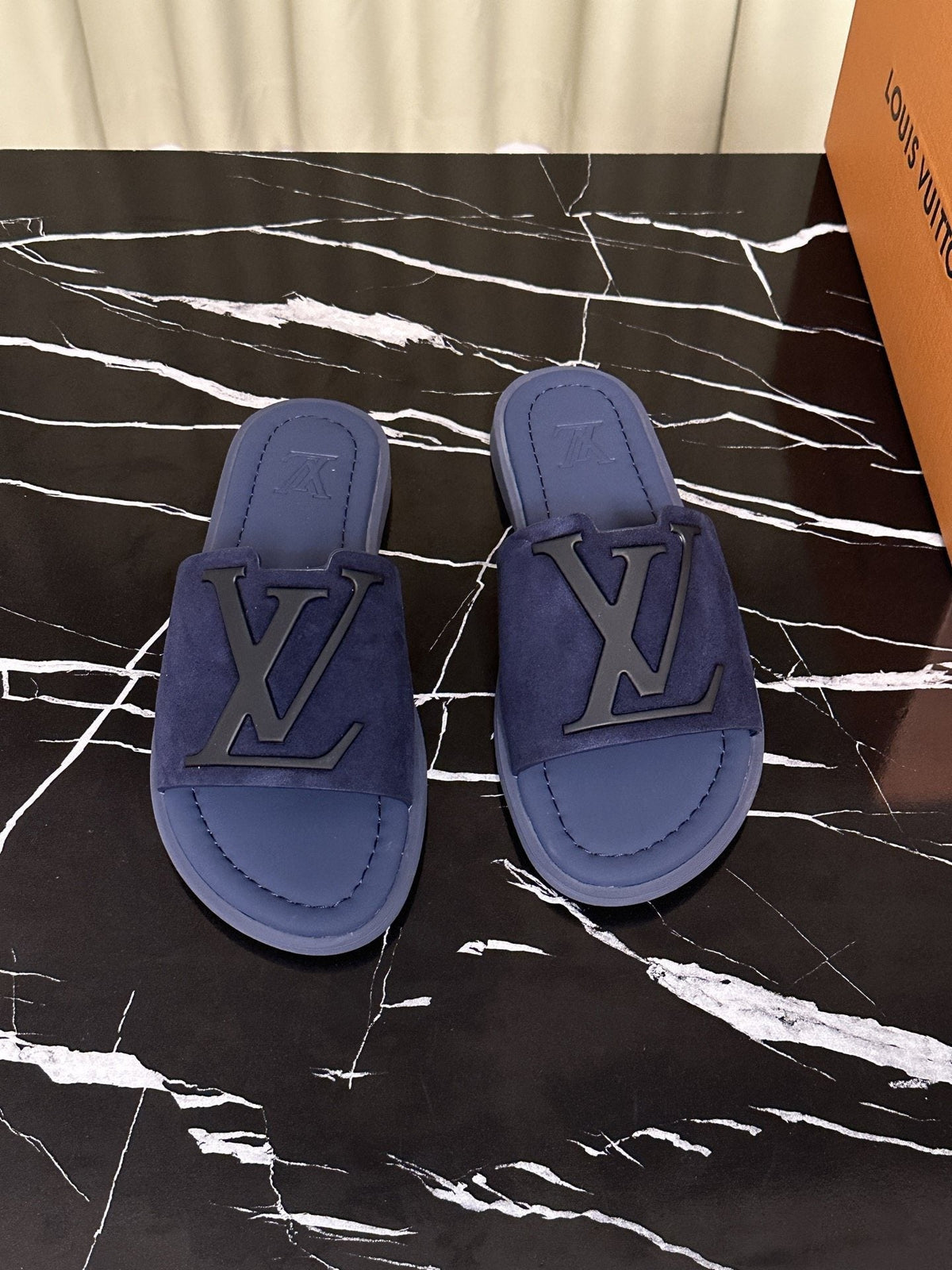 Louis Vuitton Men's Navy Blue Logo Slide Sandals