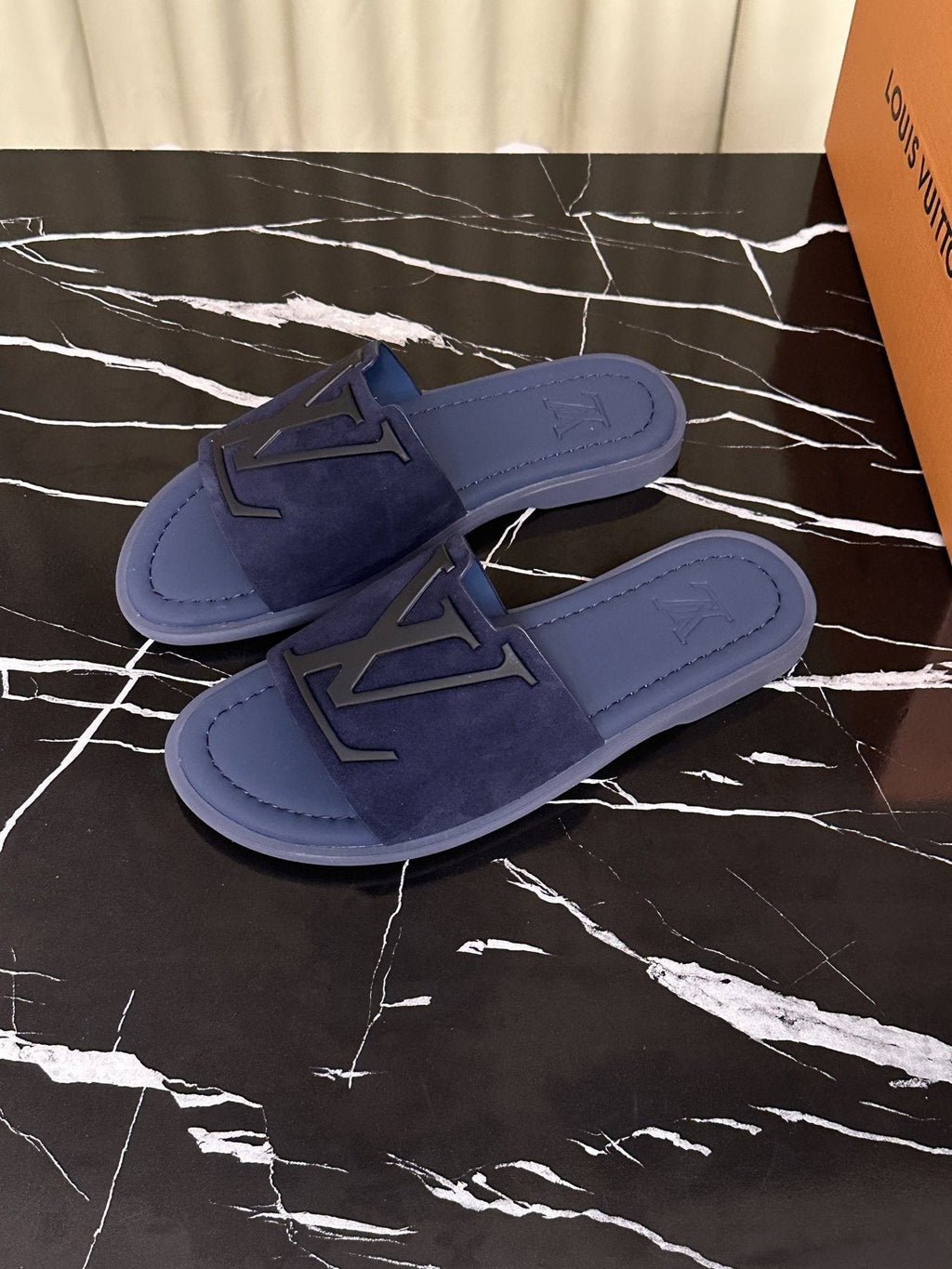 Louis Vuitton Men's Navy Blue Logo Slide Sandals