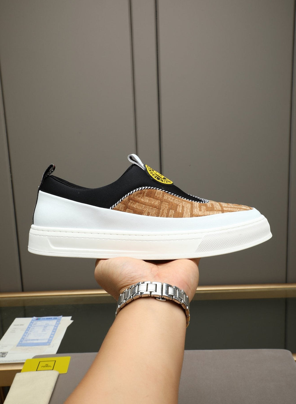 Fendi Brown Patterned Slip-On Sneakers