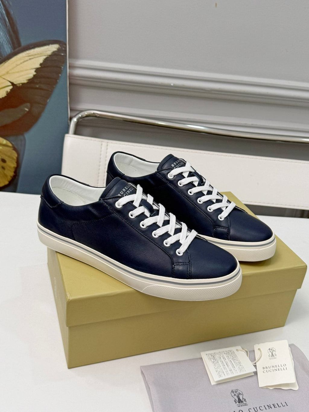 Brunello Cucinelli Navy Leather Low-Top Sneakers