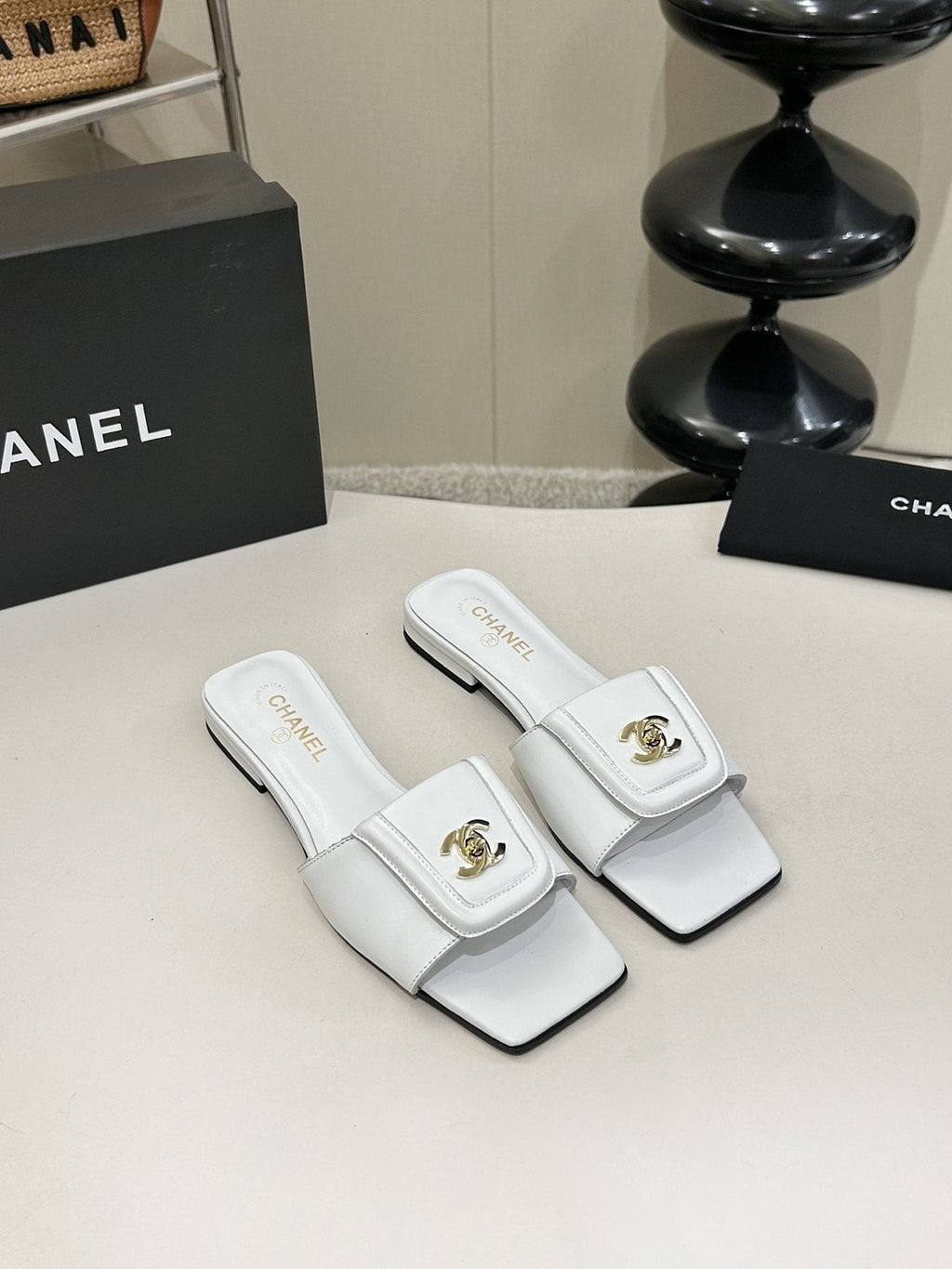 Chanel Square-Toe Leather Slide Sandals