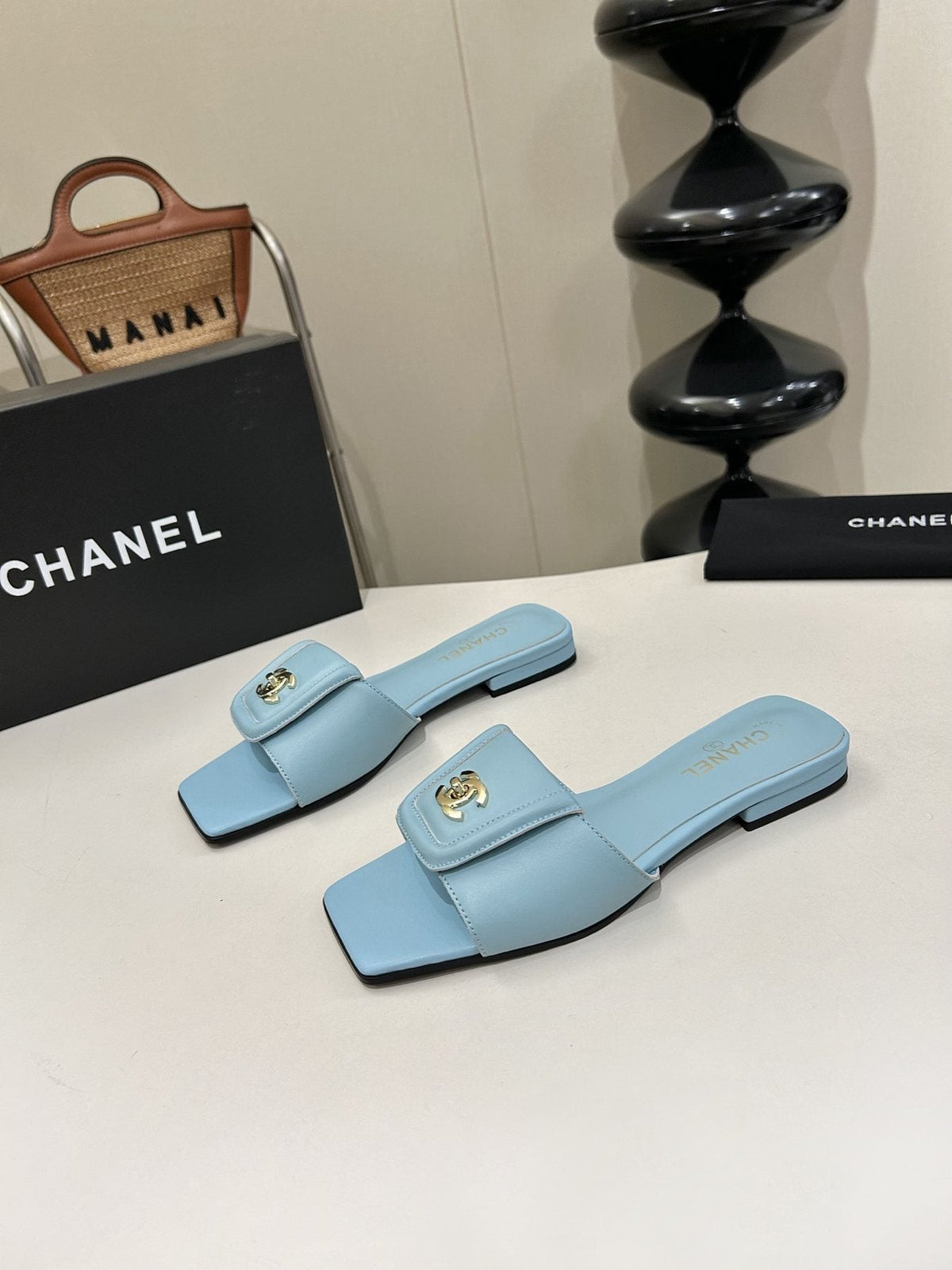 Chanel Square-Toe Leather Slide Sandals