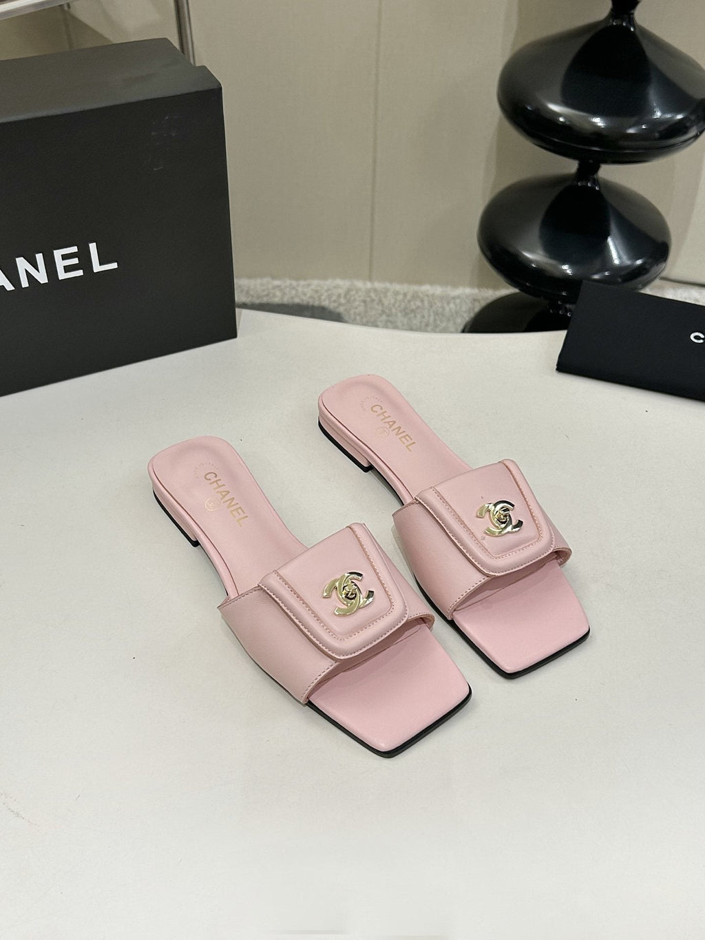 Chanel Square-Toe Leather Slide Sandals